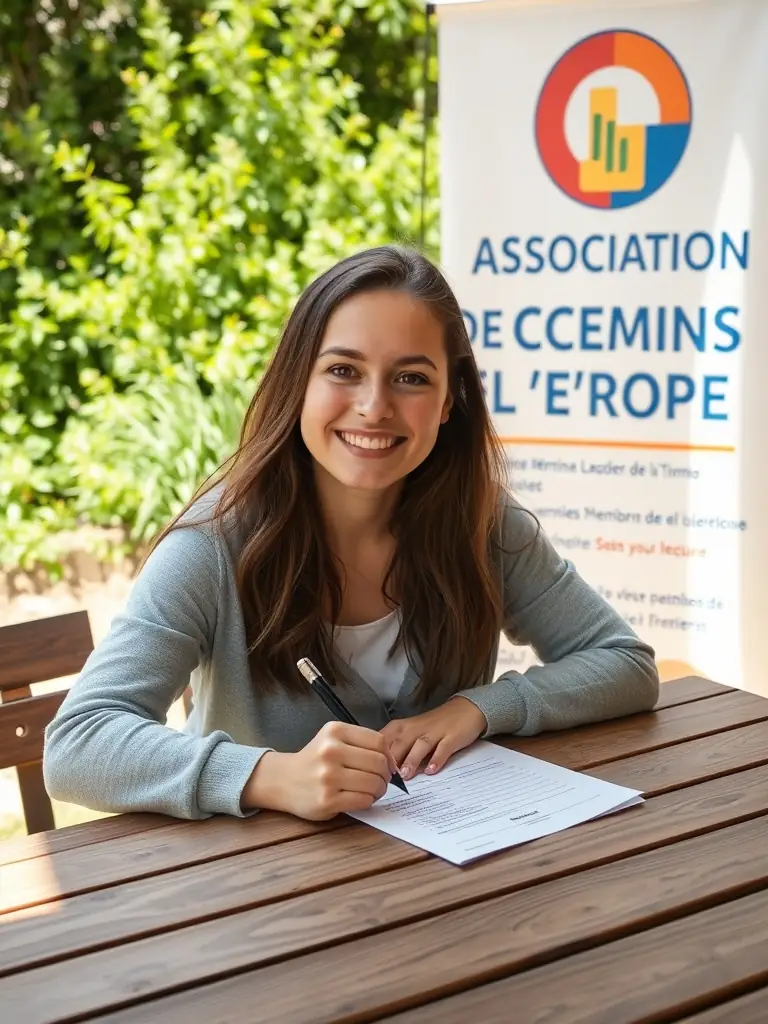 A person signing up for a ASSOCIATION DES CHEMINS DE L'EUROPE membership, highlighting the benefits of becoming a member.