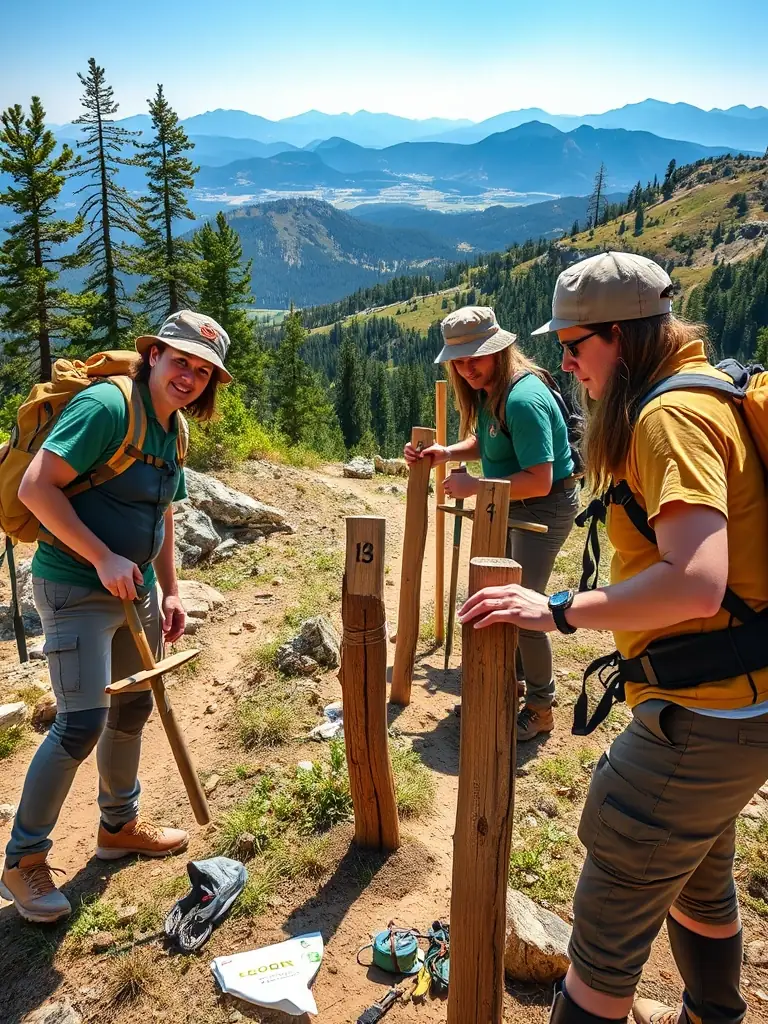 A group of volunteers working together to clear a section of the Chemin de Saint-Jacques trail, focusing on teamwork and dedication to preserving the historical path.