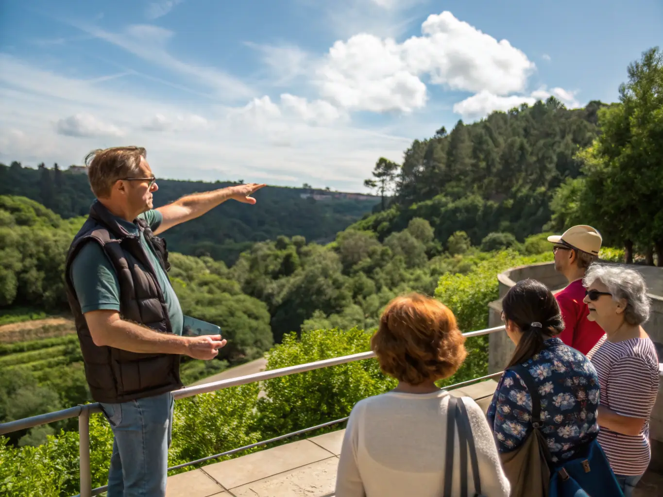 A scenic view of a guided tour group exploring a historical site in the Truyère basin, led by a knowledgeable guide.