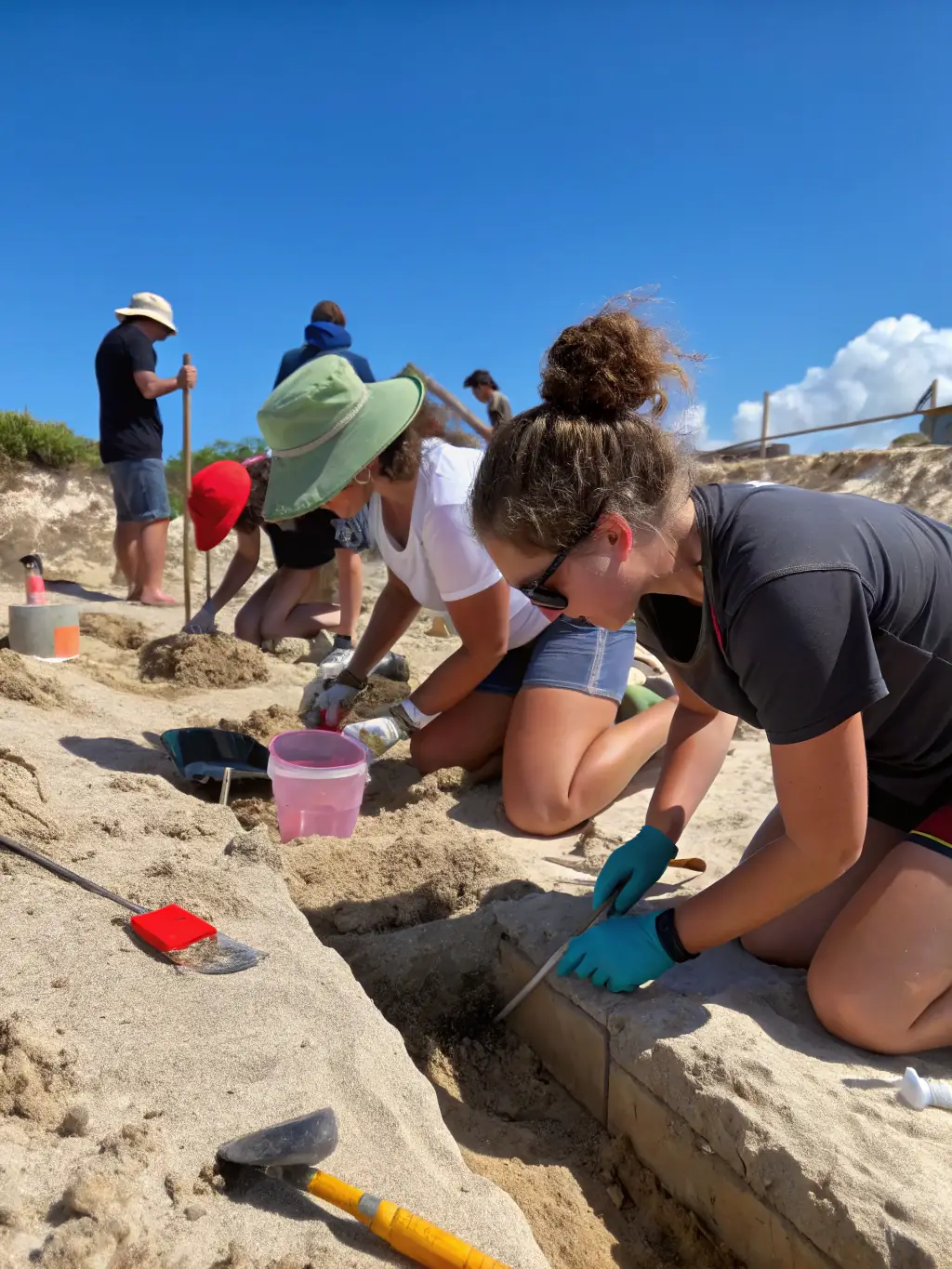 A photograph of children participating in an archaeological dig, supervised by experienced archaeologists, showcasing hands-on learning.