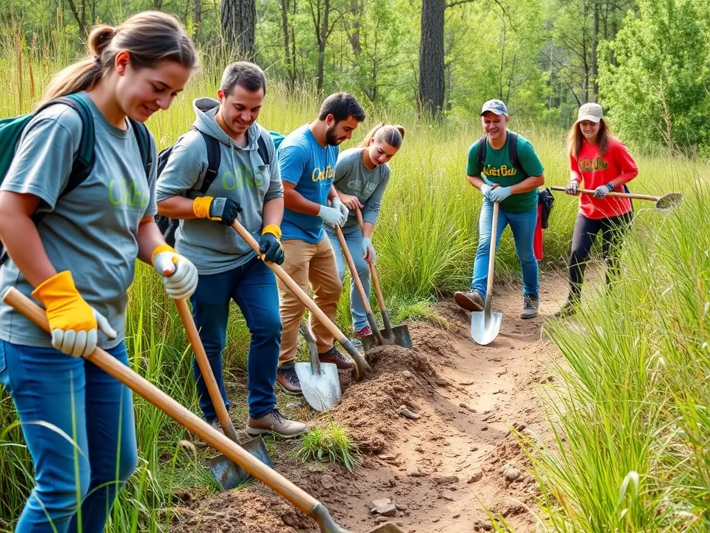 A group of volunteers cleaning and restoring an old stone path in the Truyère basin, showcasing community involvement in heritage preservation.