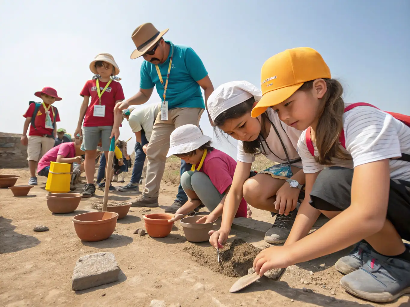 A photograph of children participating in an archaeological dig, learning about local history in an interactive and engaging way.