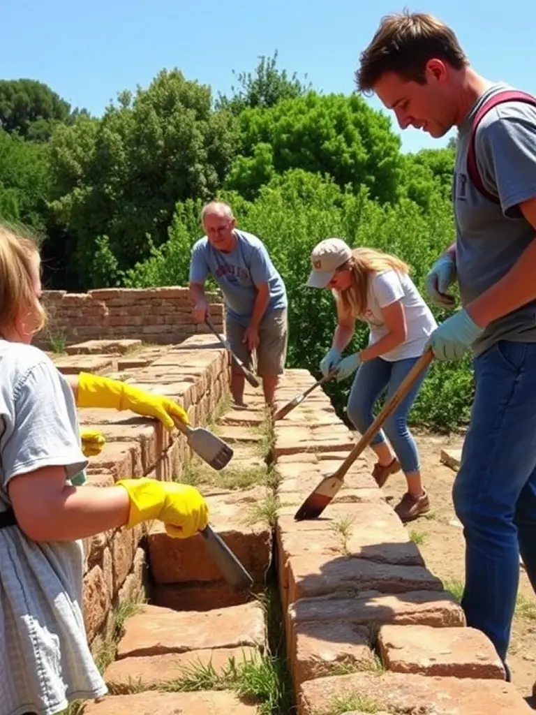 A group of volunteers cleaning a section of an old Roman road in the French countryside, focusing on teamwork and preservation.