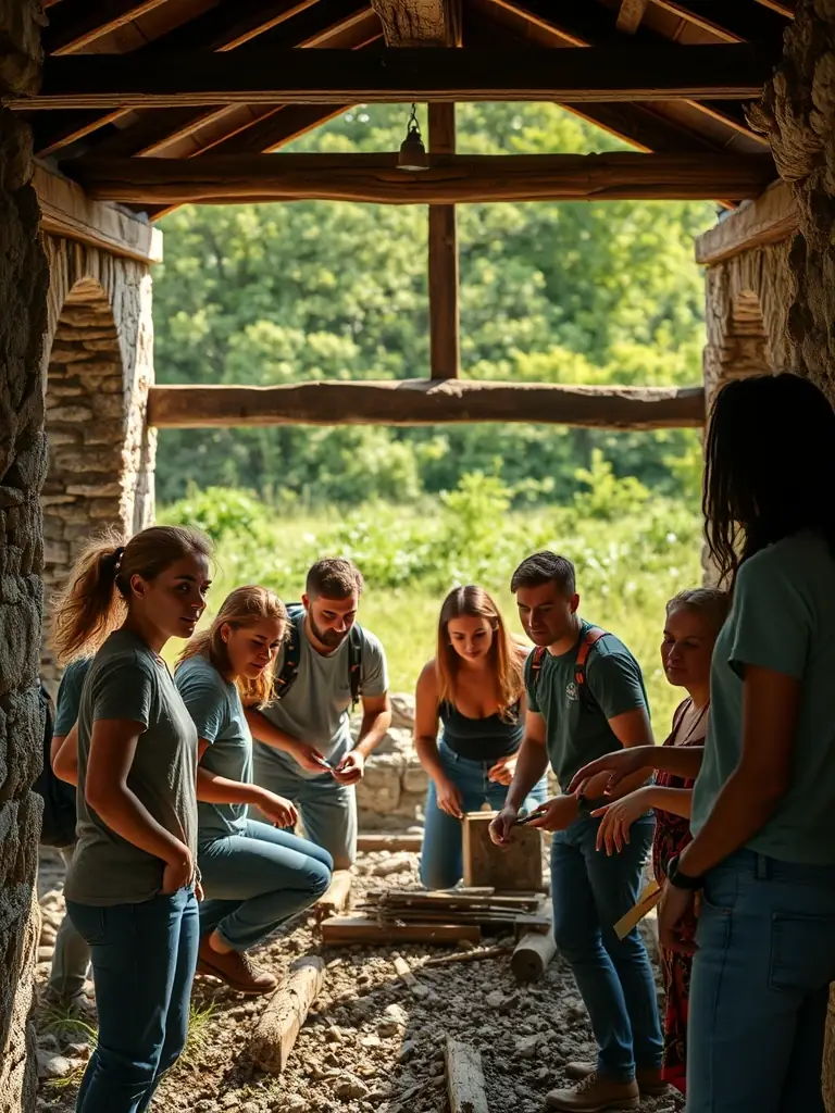 A group of volunteers working on the restoration of a historical site, emphasizing community involvement and preservation efforts.